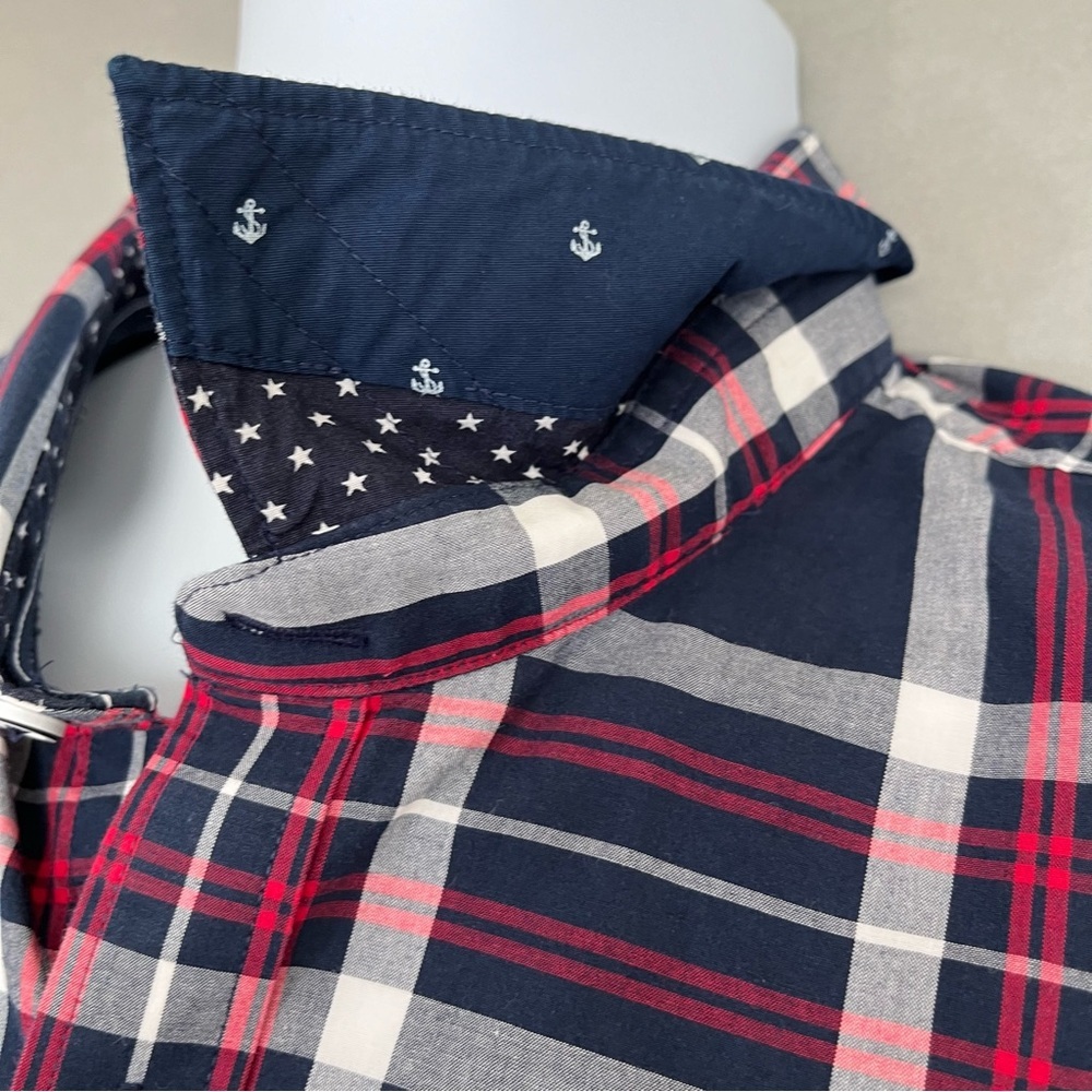 Express Red Blue Check Fitted Button Long Sleeve … - image 3